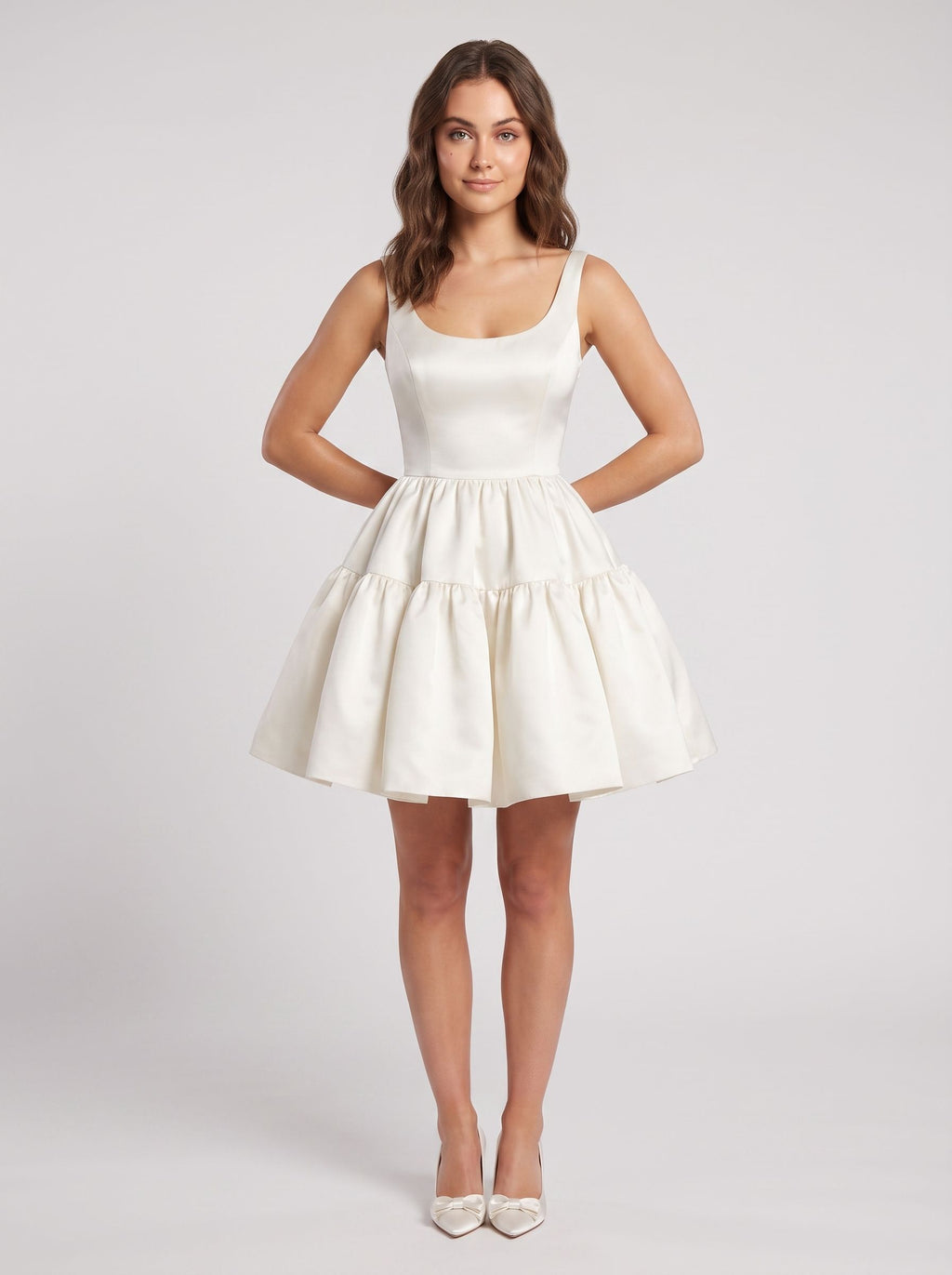 White Satin A-Line Scoop Neck Back Zip Short Dress with Spaghetti Straps