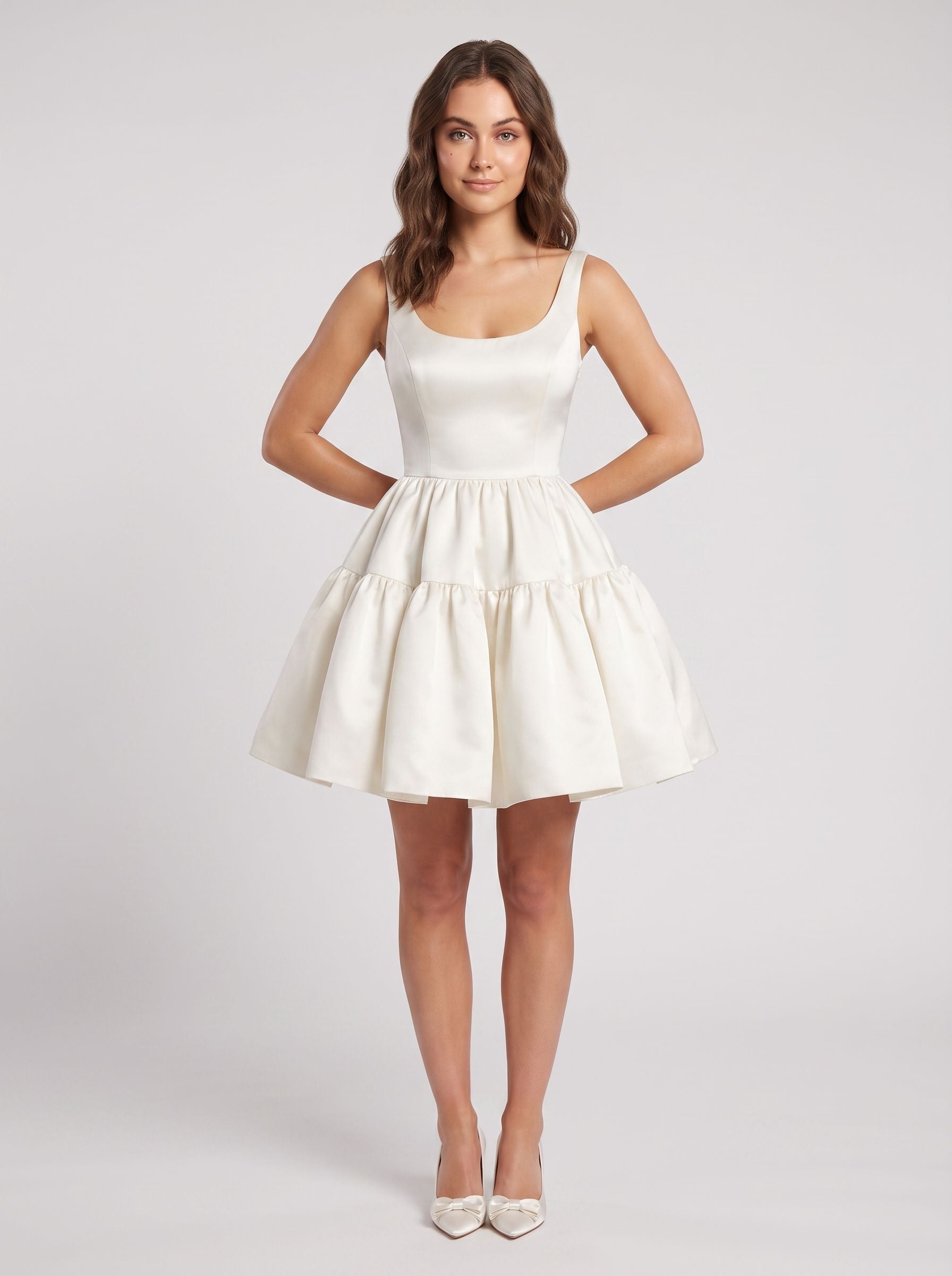 White Satin A-Line Scoop Neck Back Zip Short Dress with Spaghetti Straps
