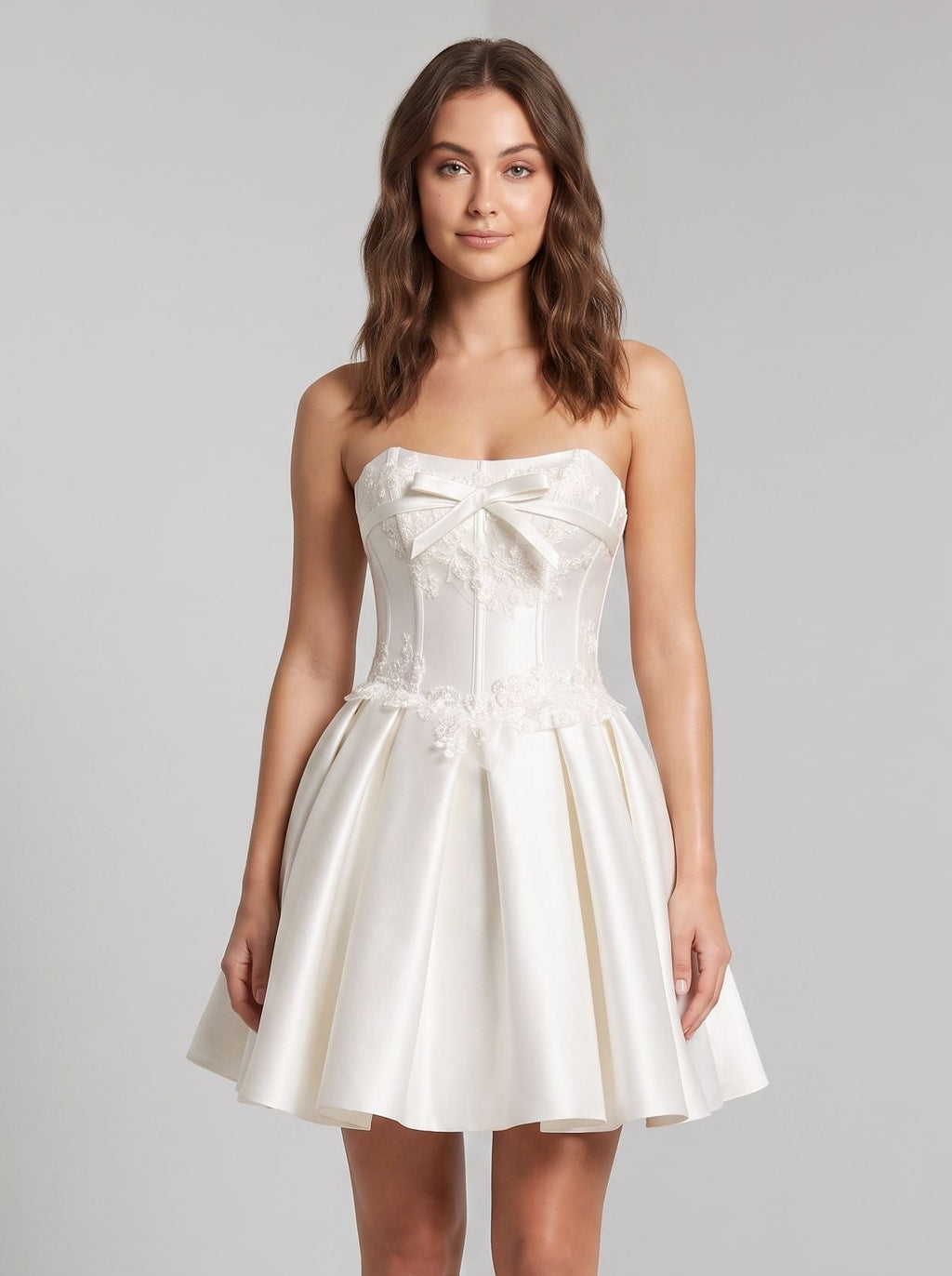 White Satin A-Line Straight Neck Lace-up Short Dress with Bow Front