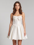 White Satin A-Line Straight Neck Lace-up Short Dress with Bow Front