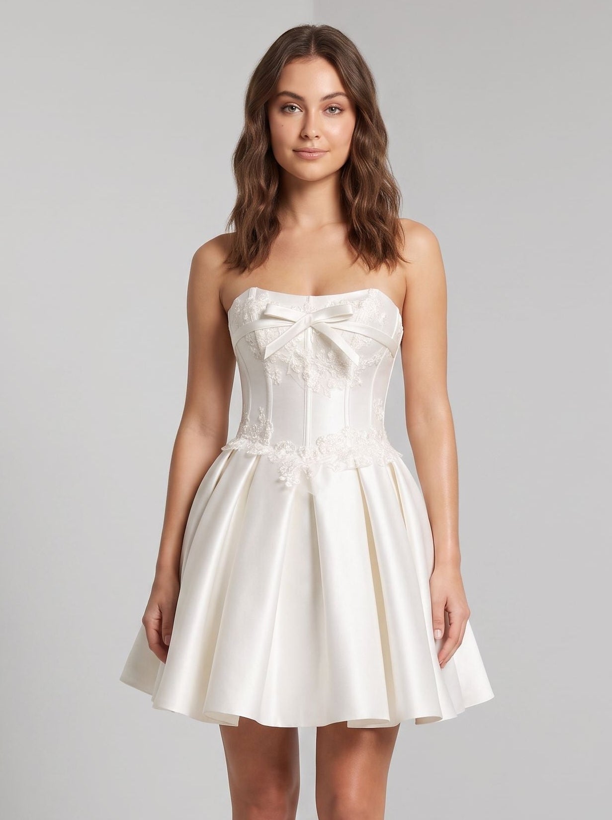 White Satin A-Line Straight Neck Lace-up Short Dress with Bow Front