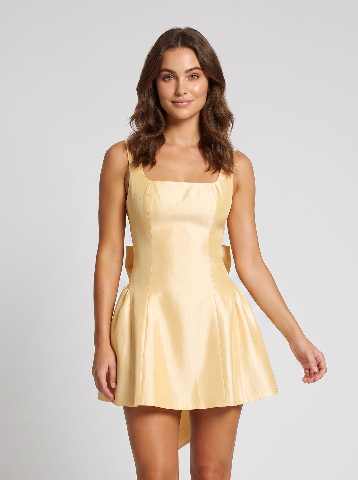 Butter Satin A-Line Square Neck Bow Short Dress with Open Back