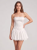 White Satin A-Line Straight Neck Lace-up Short Dress with Floral Print