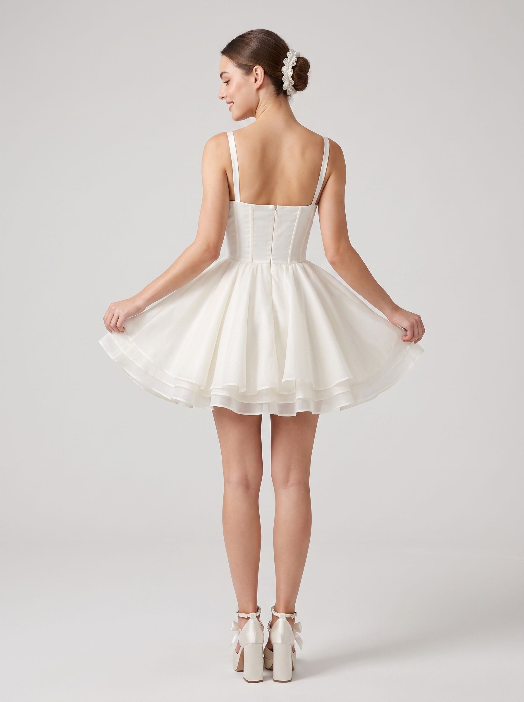 White Satin A-Line Sweetheart Back Zip Short Dress with Spaghetti Straps
