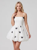 White Satin A-Line Straight Neck Back Zip Short Dress with 3D Butterflies