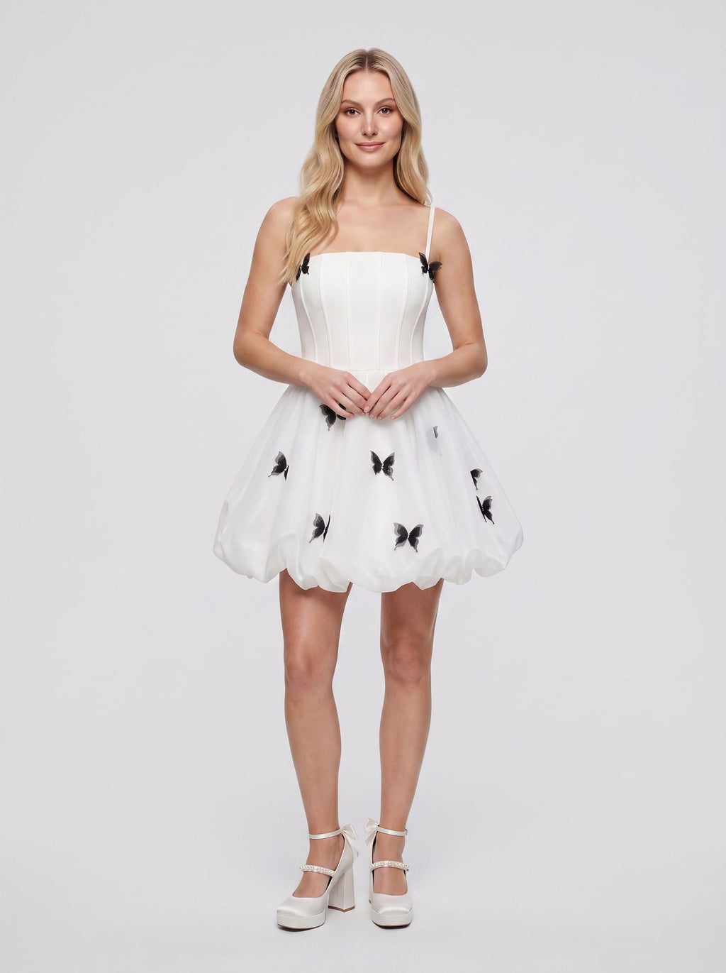 White Satin A-Line Straight Neck Back Zip Short Dress with 3D Butterflies