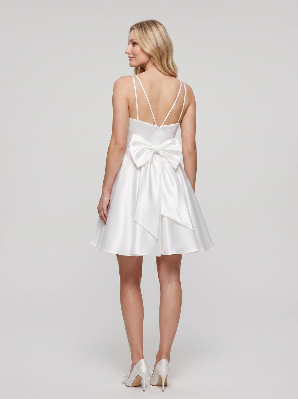 White Satin A-Line Sweetheart Bow Short Dress with Double Straps