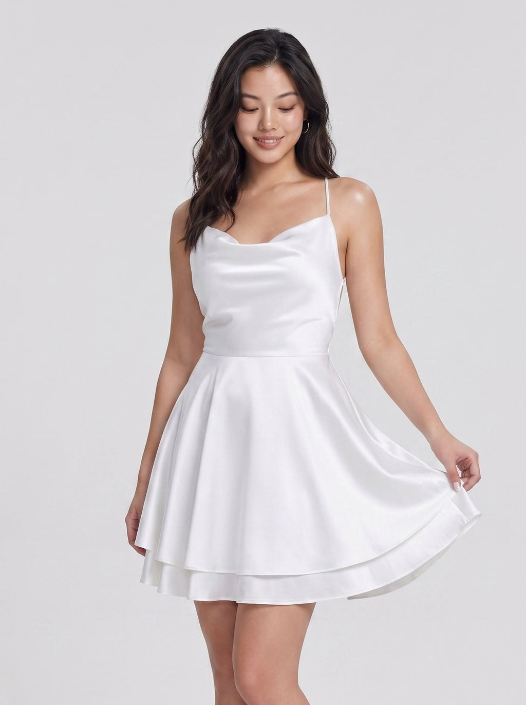 White Satin A-Line Straight Neck Criss-Cross Straps Short Dress with Built-In Boning