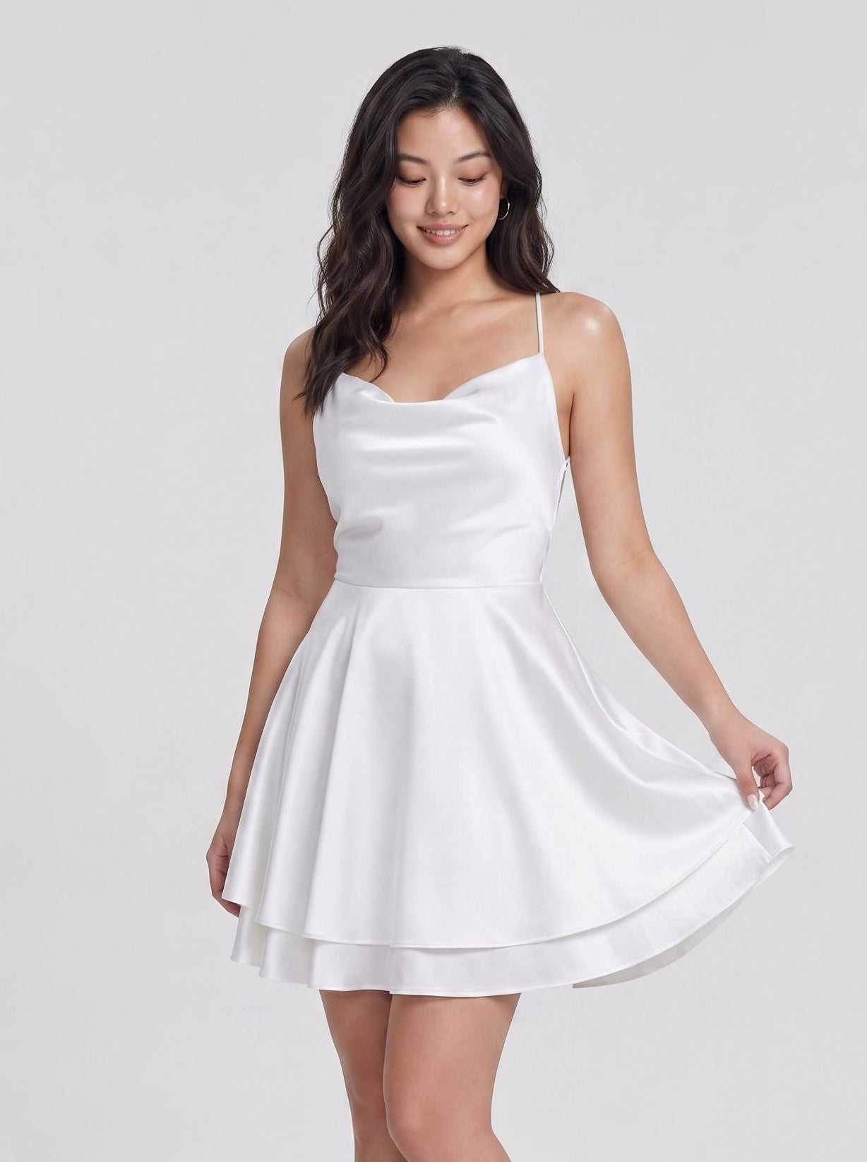 White Satin A-Line Straight Neck Criss-Cross Straps Short Dress with Built-In Boning
