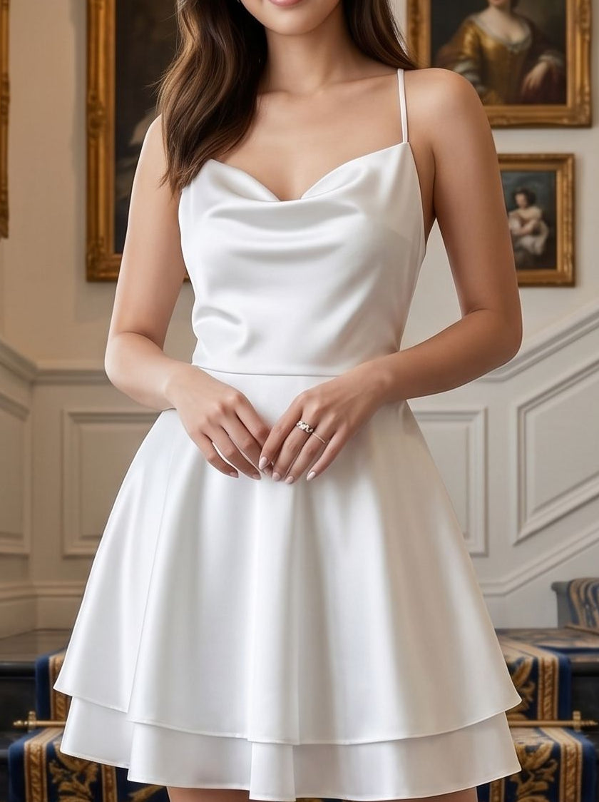 White Satin A-Line Straight Neck Criss-Cross Straps Short Dress with Built-In Boning