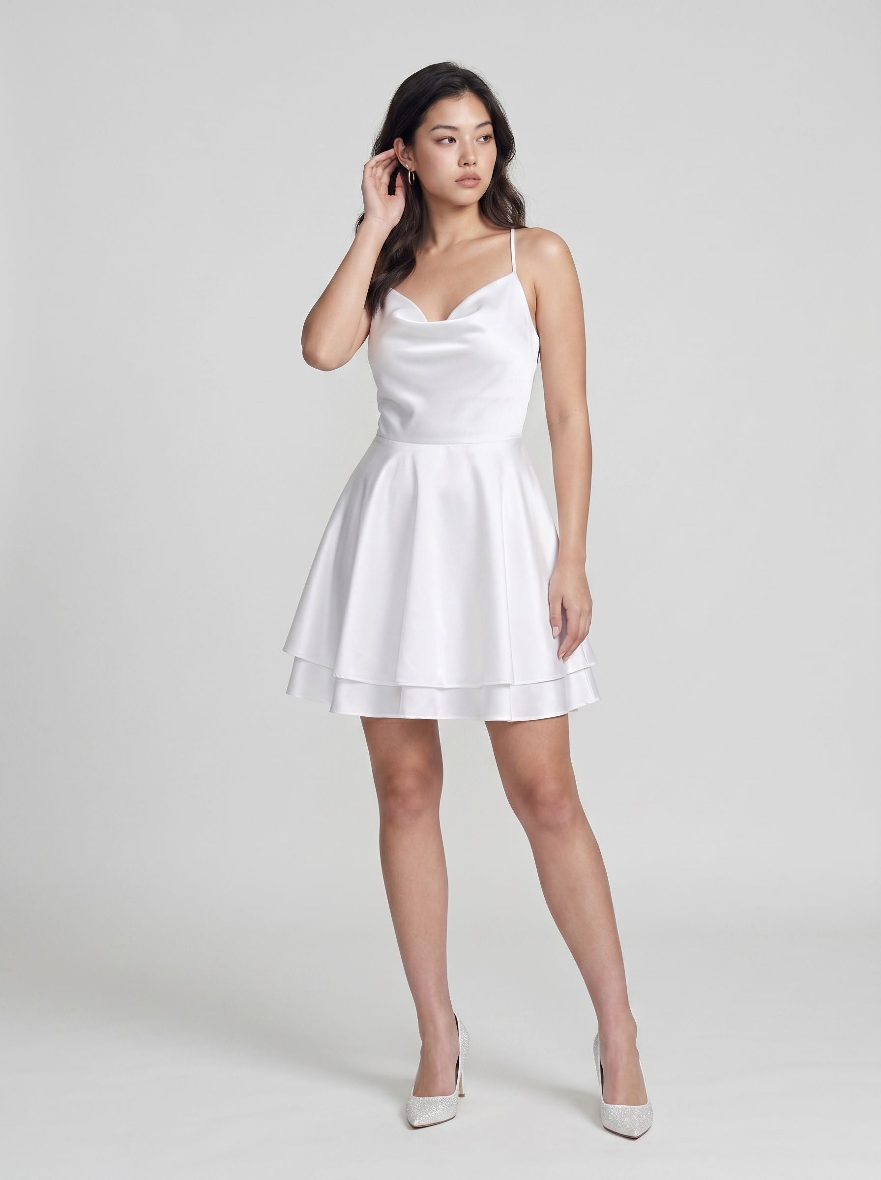 White Satin A-Line Straight Neck Criss-Cross Straps Short Dress with Built-In Boning
