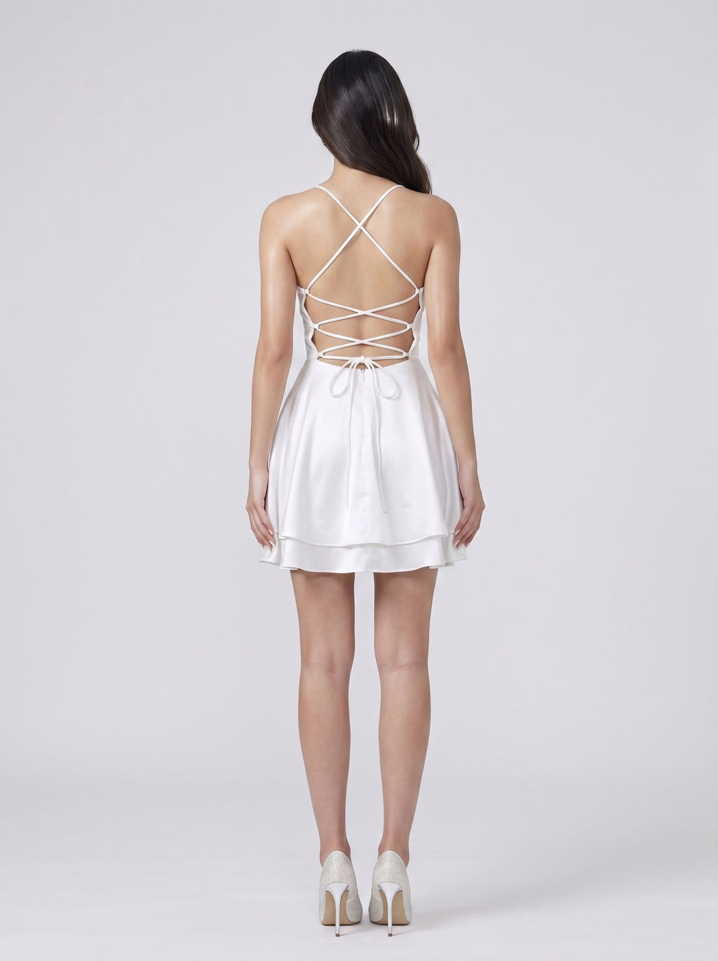 White Satin A-Line Straight Neck Criss-Cross Straps Short Dress with Built-In Boning