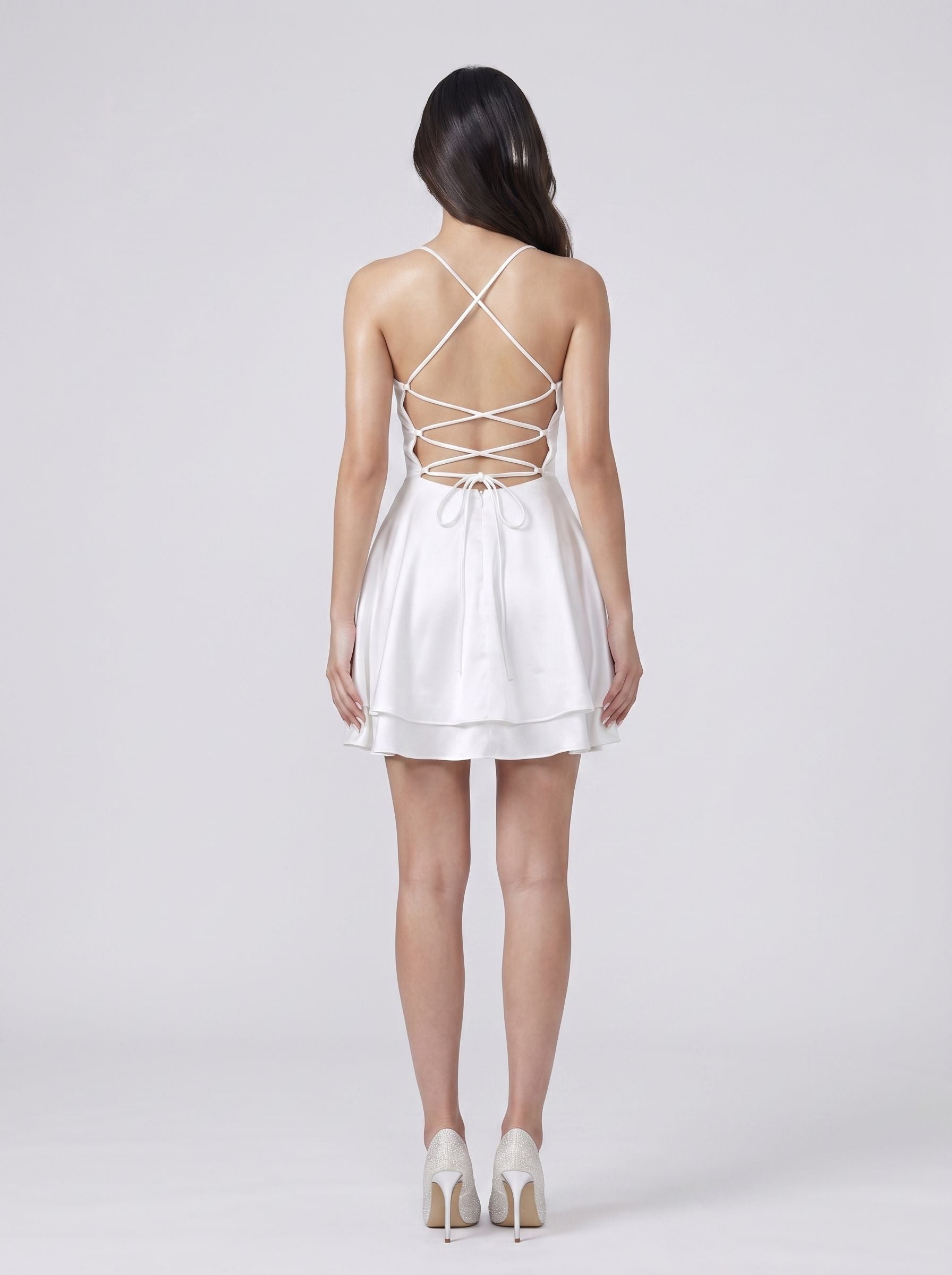 White Satin A-Line Straight Neck Criss-Cross Straps Short Dress with Built-In Boning