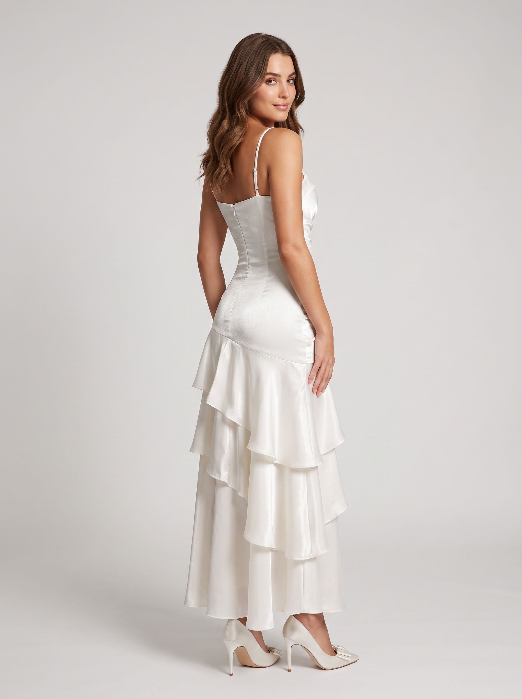 White Satin Mermaid Straight Neck Backless Floor-Length Dress with Cascading Ruffles
