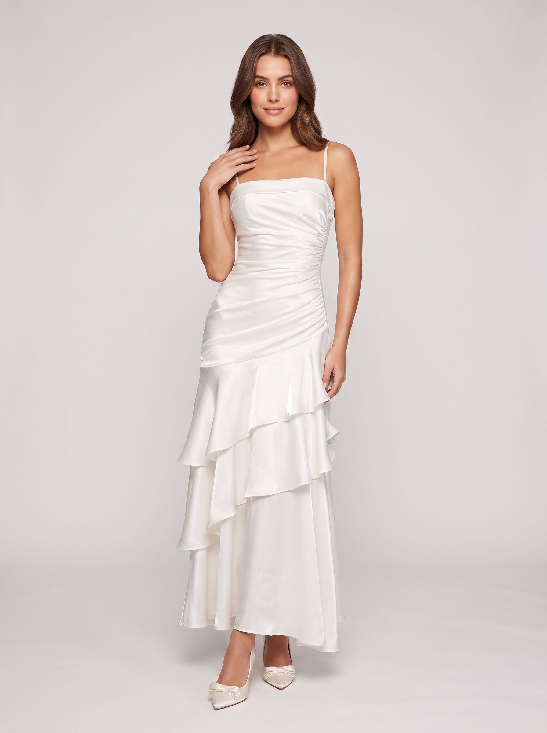 White Satin Mermaid Straight Neck Backless Floor-Length Dress with Cascading Ruffles