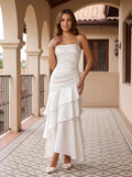 White Satin Mermaid Straight Neck Backless Floor-Length Dress with Cascading Ruffles