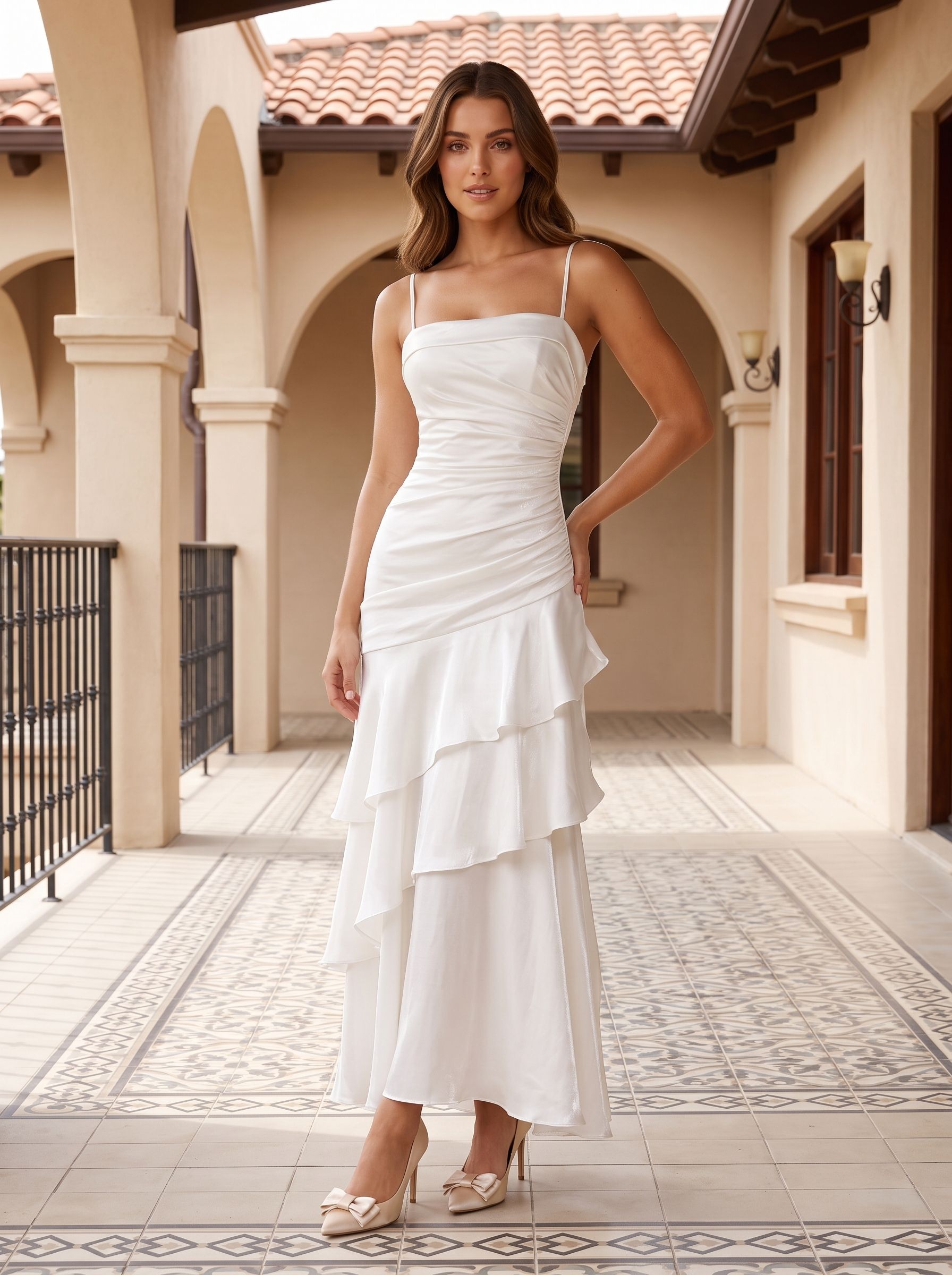 White Satin Mermaid Straight Neck Backless Floor-Length Dress with Cascading Ruffles