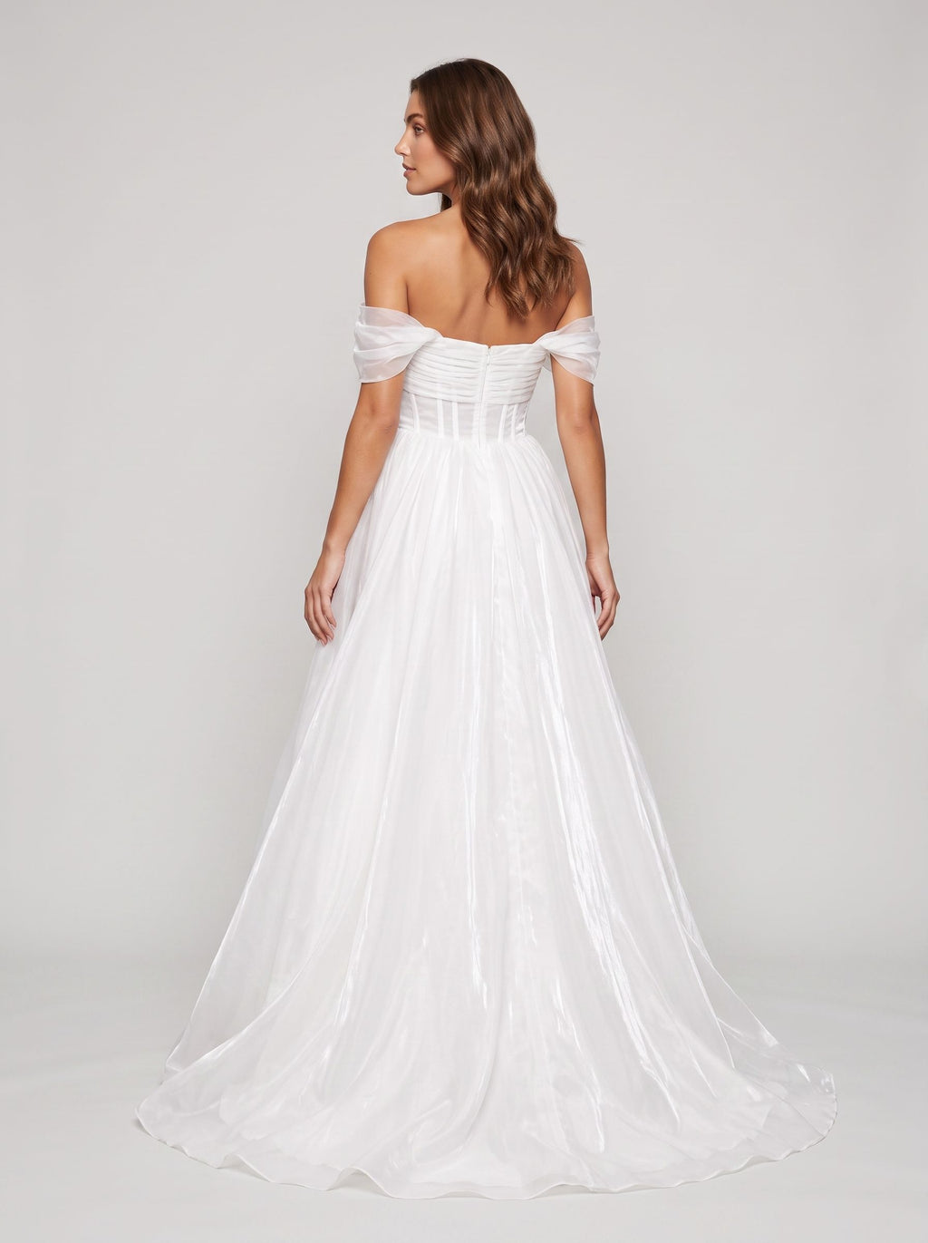 White mesh A-Line Off-the-Shoulder Corset Back Floor-Length Dress with Structured Corset Bodice