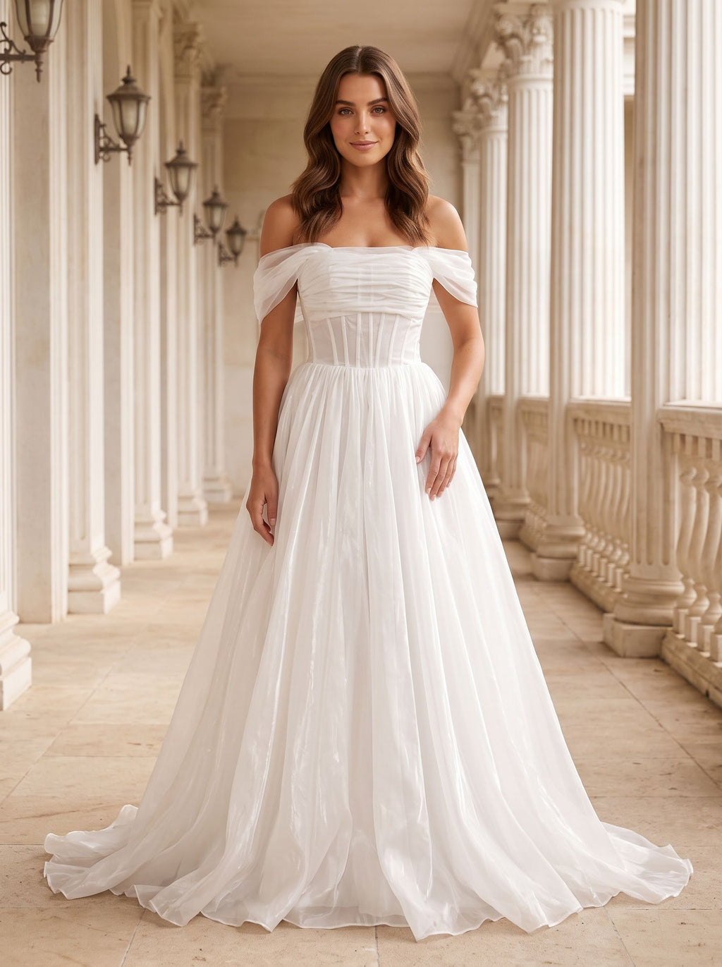 White mesh A-Line Off-the-Shoulder Corset Back Floor-Length Dress with Structured Corset Bodice