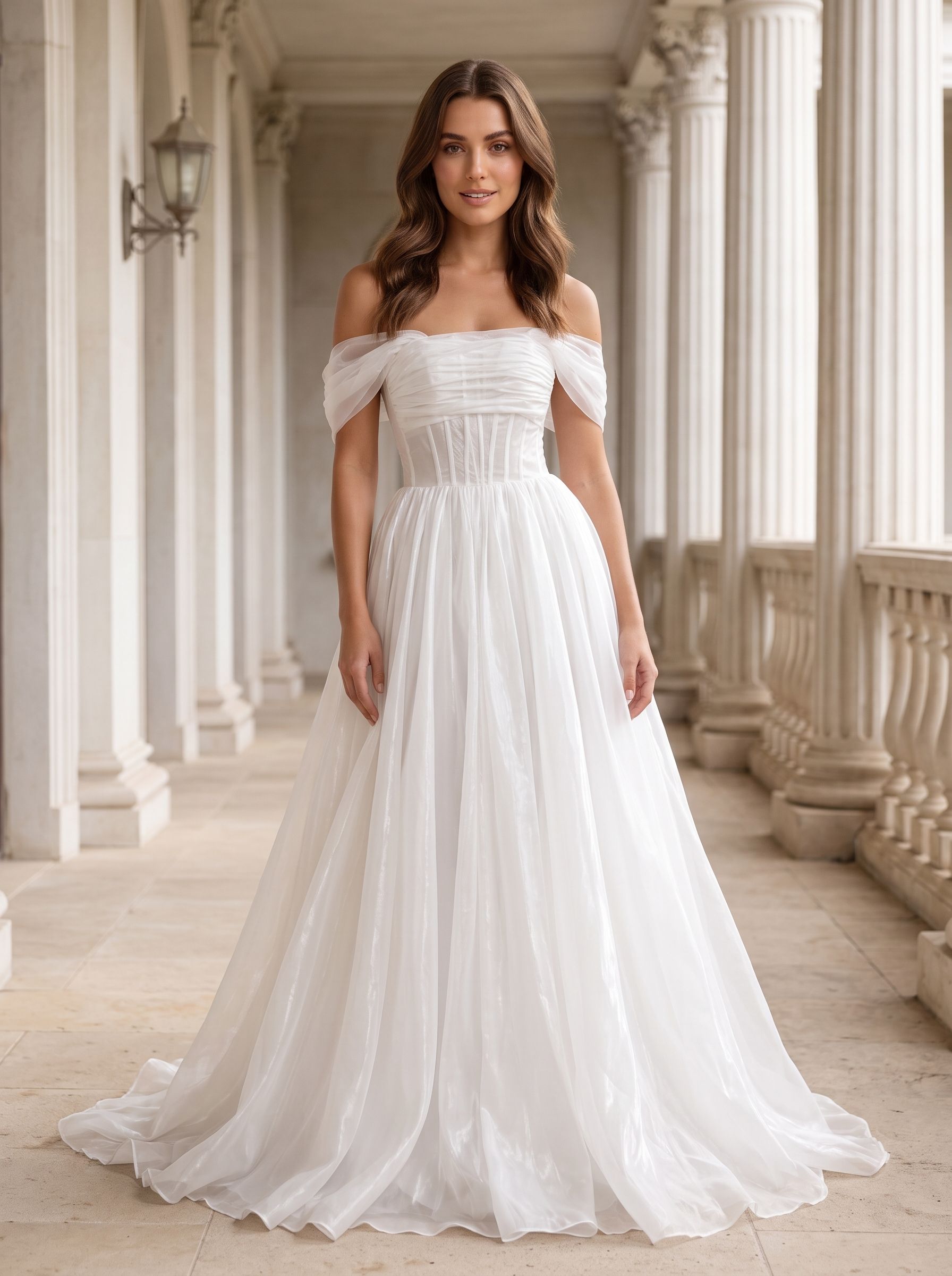 White mesh A-Line Off-the-Shoulder Corset Back Floor-Length Dress with Structured Corset Bodice
