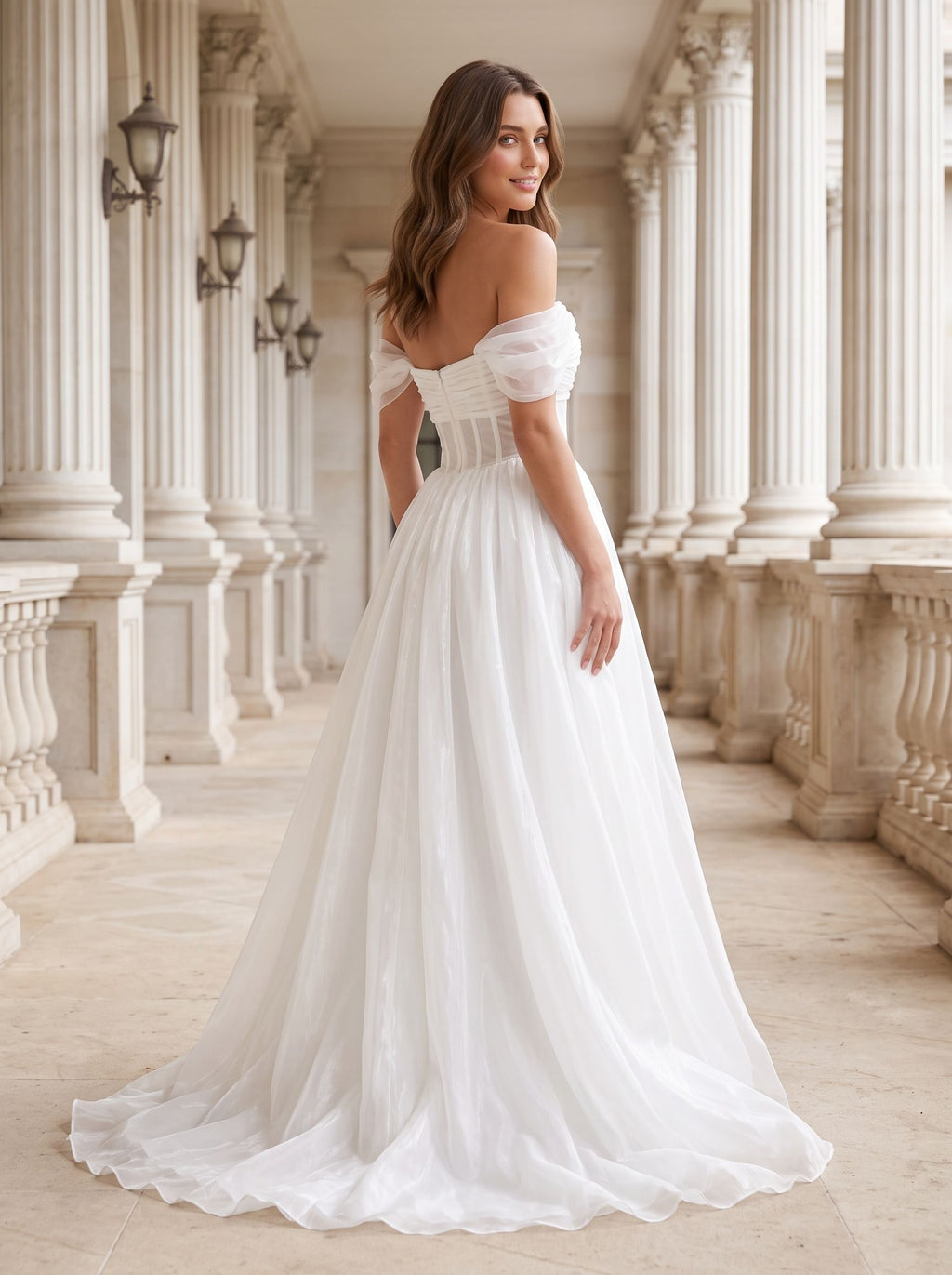 White mesh A-Line Off-the-Shoulder Corset Back Floor-Length Dress with Structured Corset Bodice
