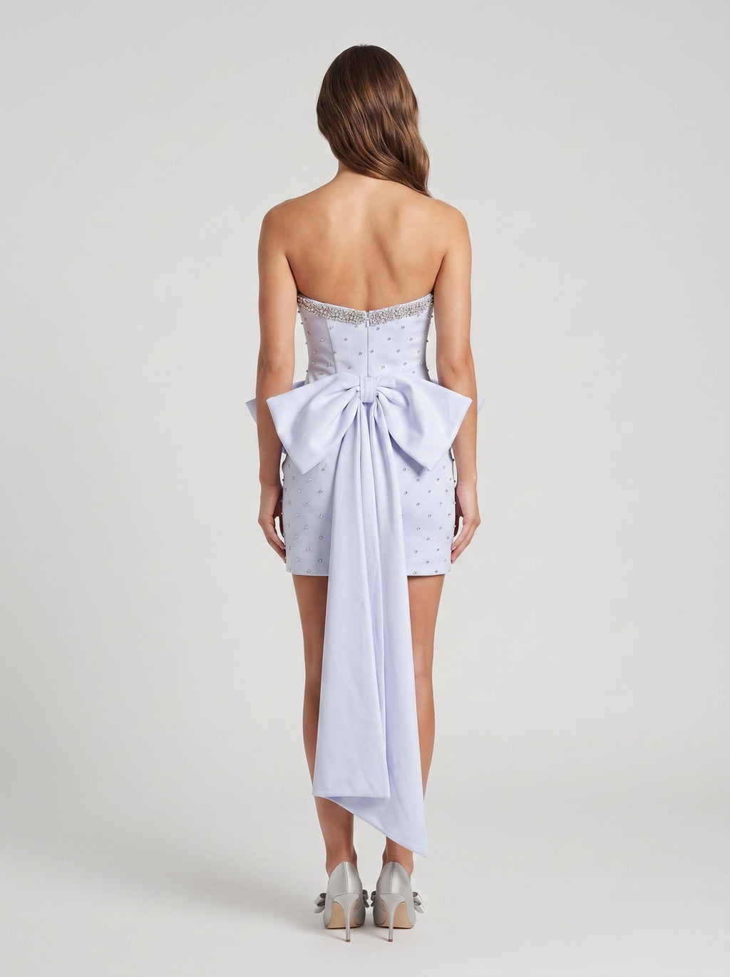 Mist Satin Sheath Straight Neck Short Dress with Bow