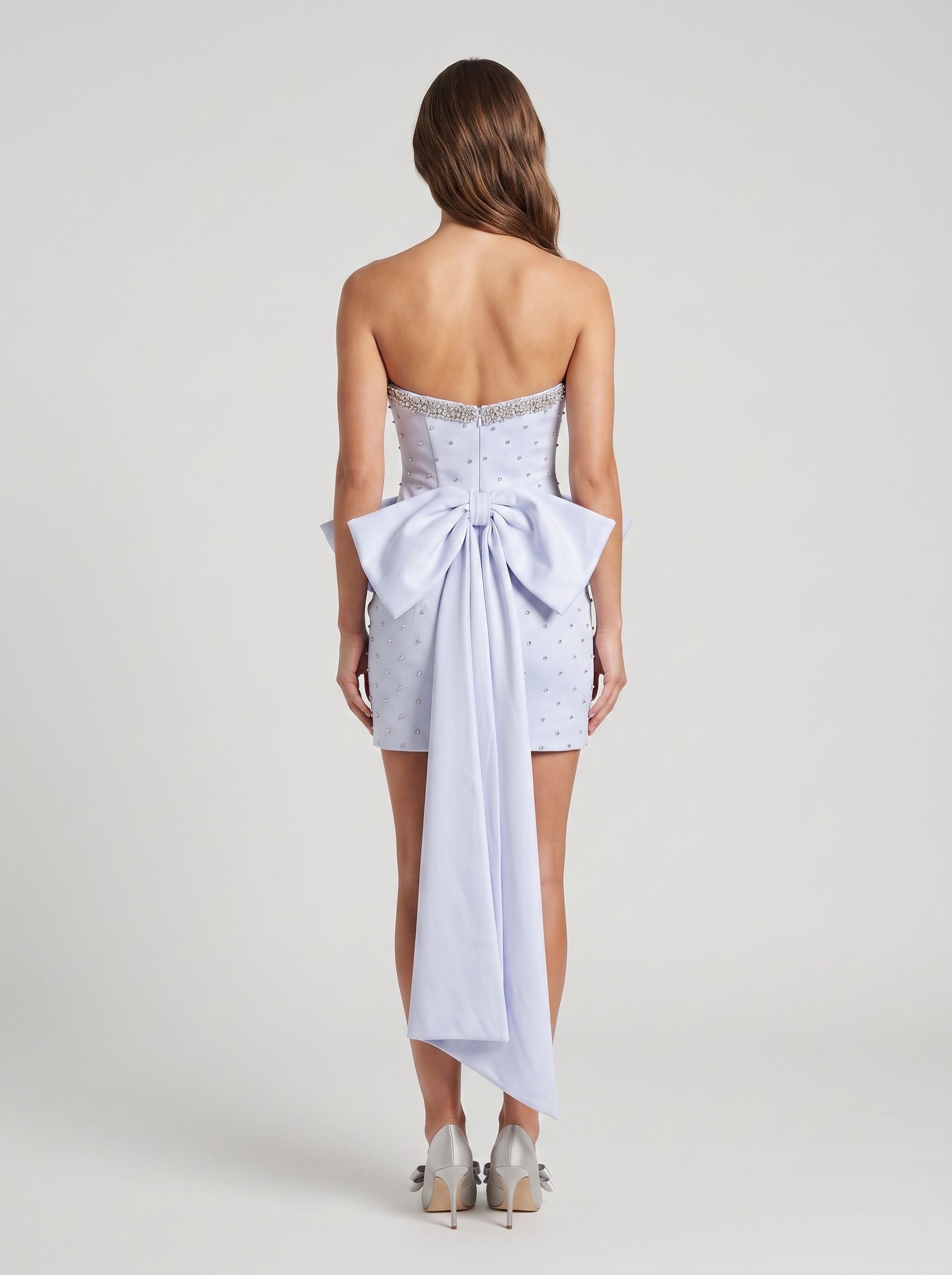 Mist Satin Sheath Straight Neck Short Dress with Bow
