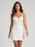 White Satin A-Line Sweetheart Back Zip Short Dress with Pearls