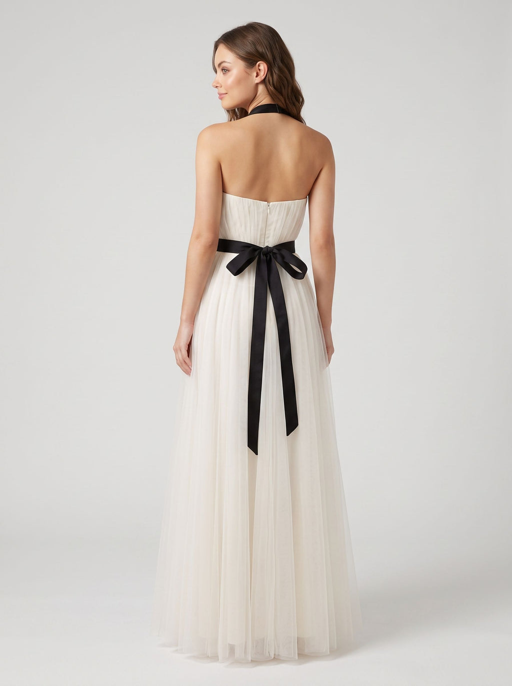 White Tulle A-Line Straight Neck Back Zip Floor-Length Dress with Minimalist tube bodice