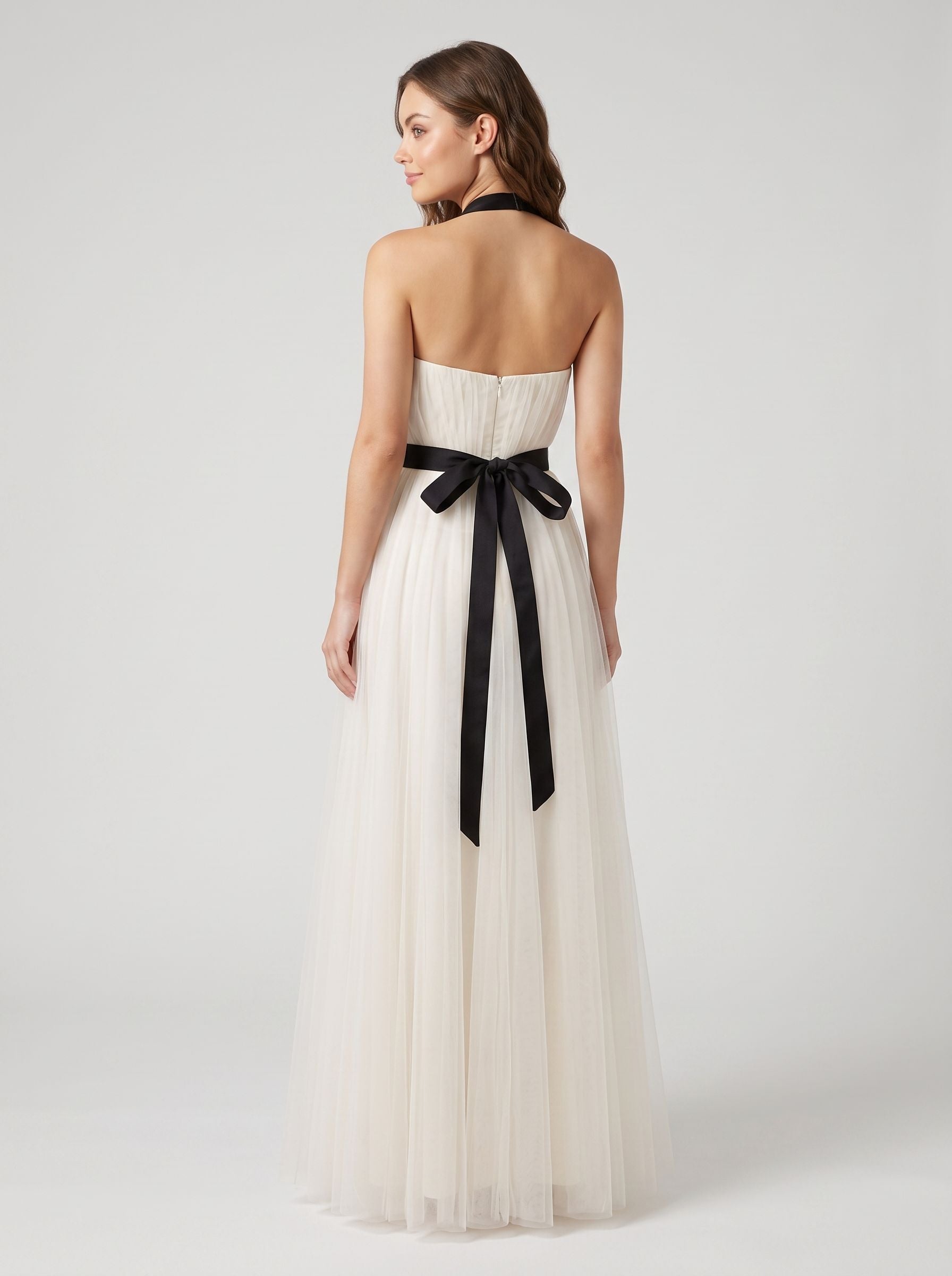 White Tulle A-Line Straight Neck Back Zip Floor-Length Dress with Minimalist tube bodice