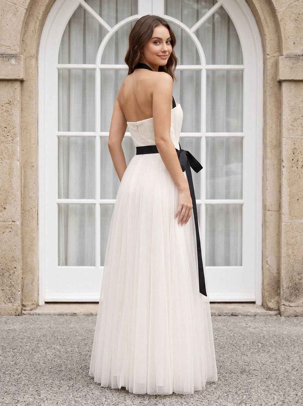 White Tulle A-Line Straight Neck Back Zip Floor-Length Dress with Minimalist tube bodice