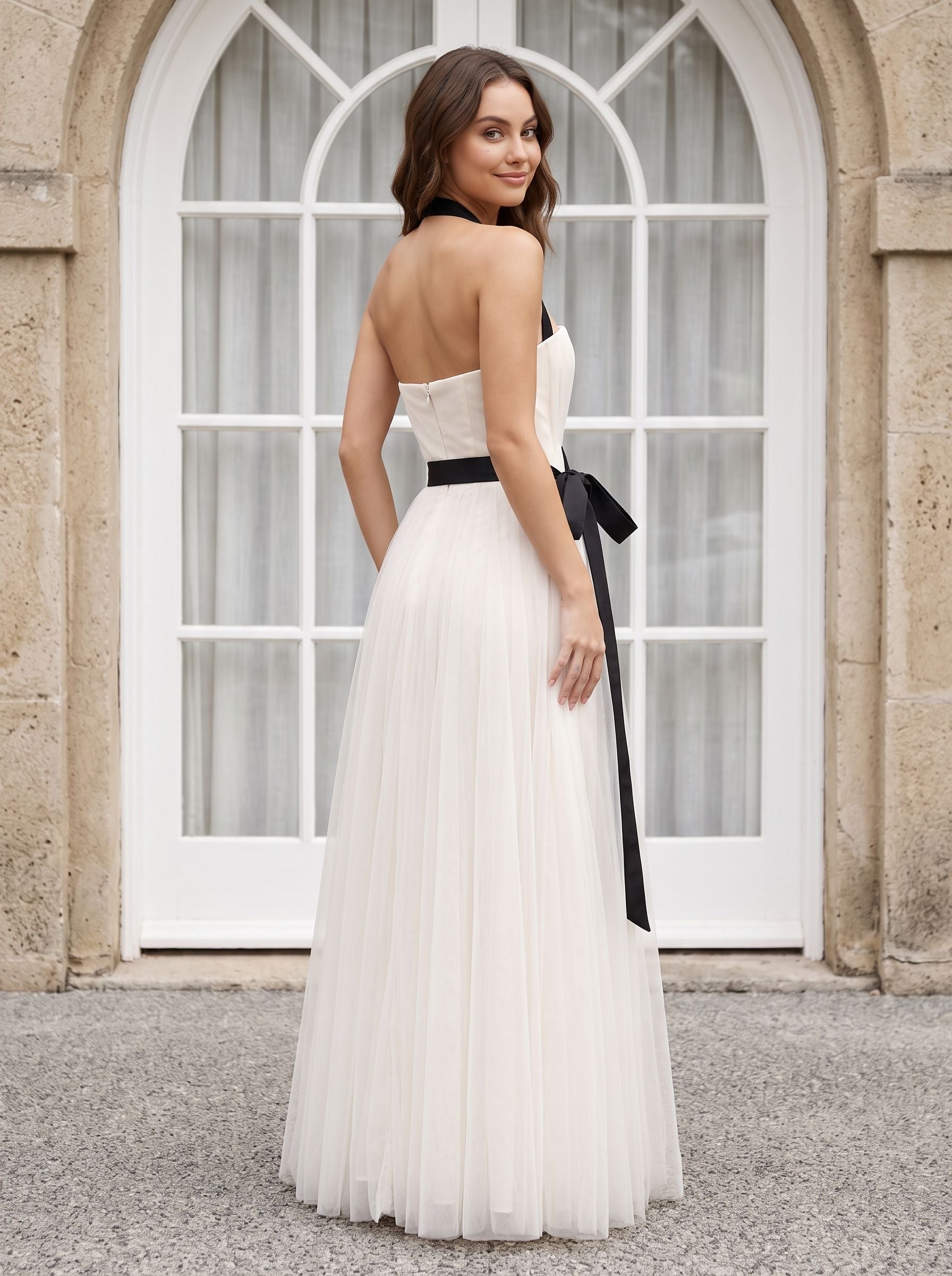 White Tulle A-Line Straight Neck Back Zip Floor-Length Dress with Minimalist tube bodice