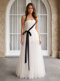 White Tulle A-Line Straight Neck Back Zip Floor-Length Dress with Minimalist tube bodice
