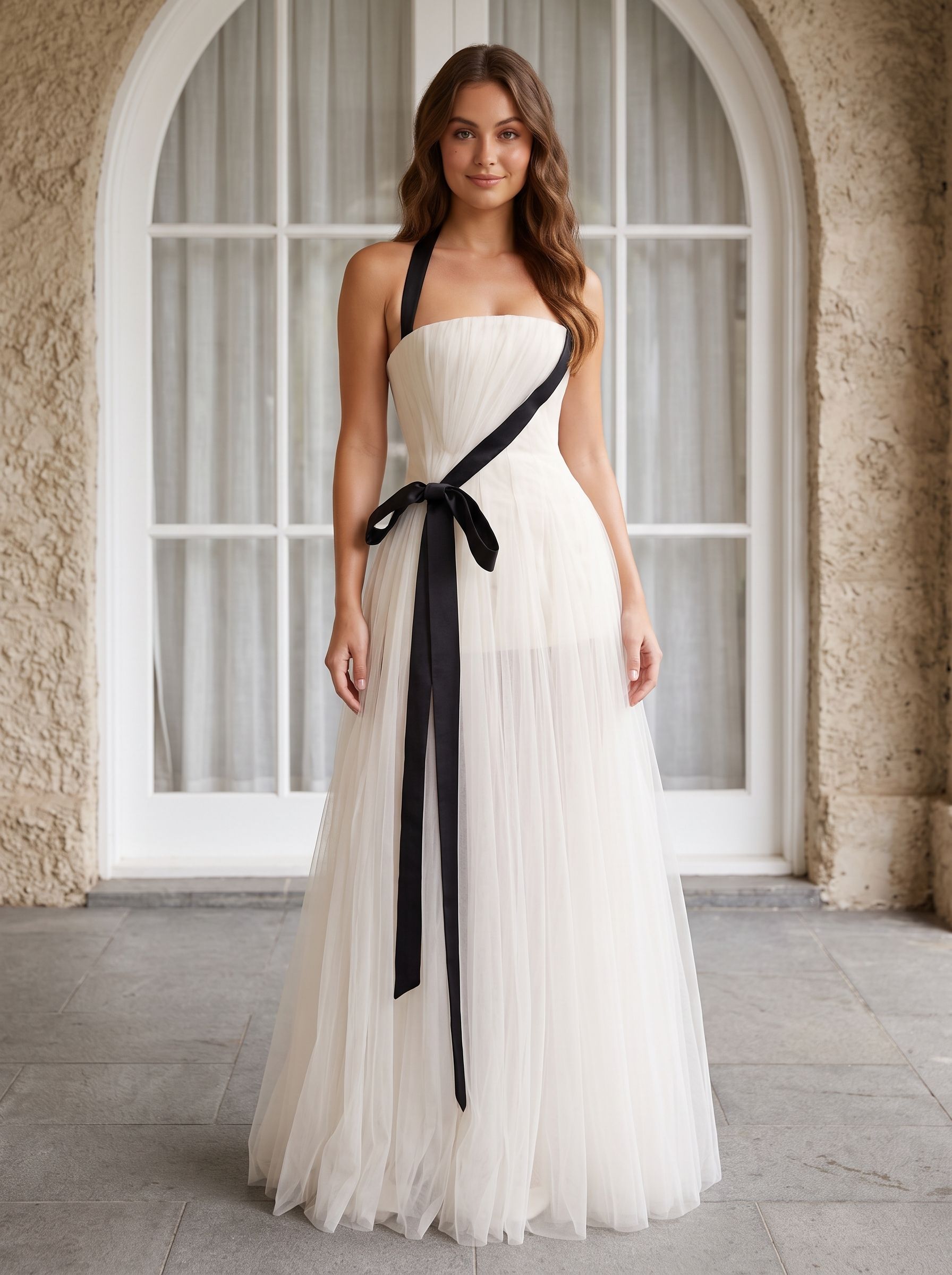 White Tulle A-Line Straight Neck Back Zip Floor-Length Dress with Minimalist tube bodice