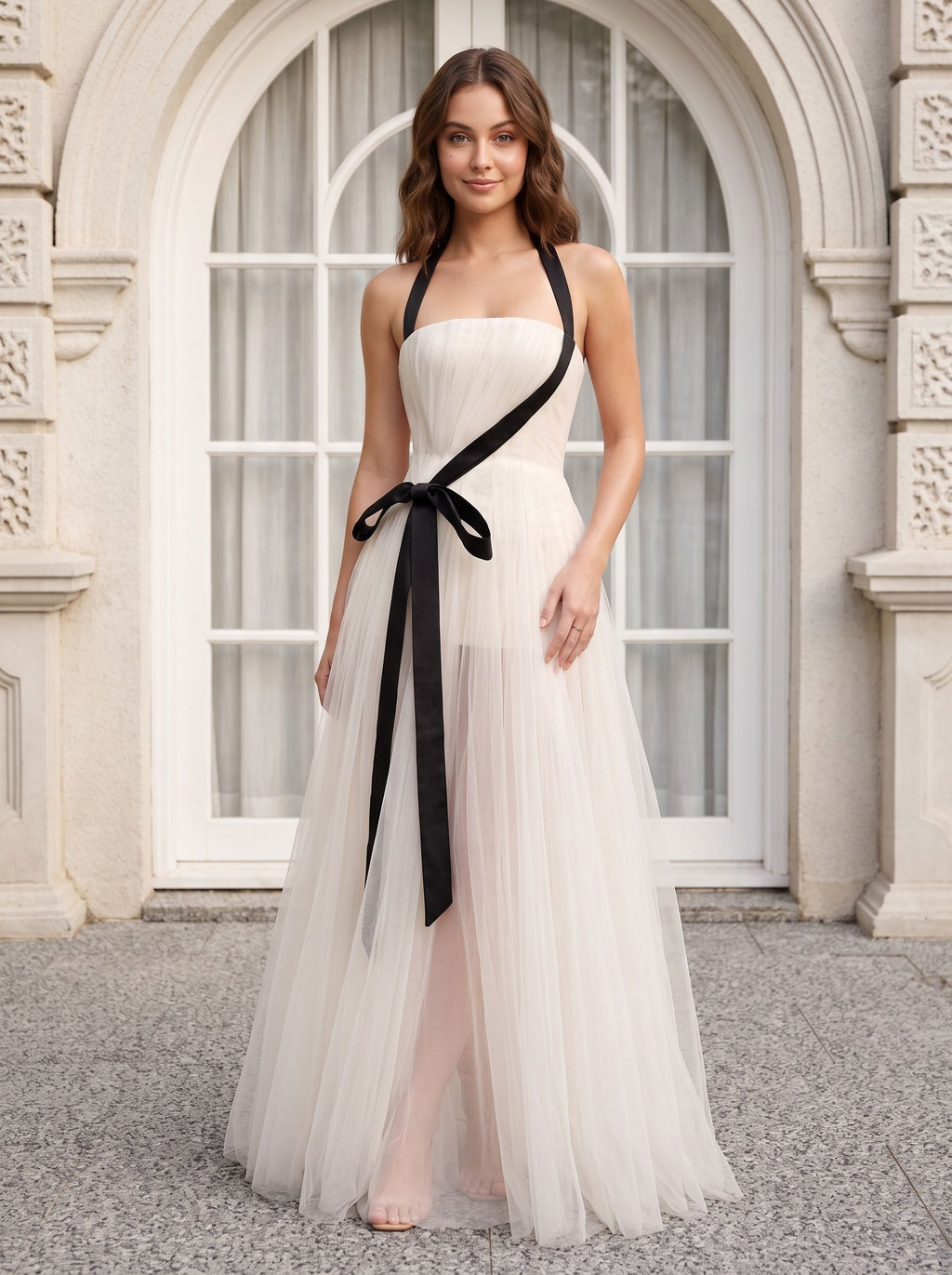 White Tulle A-Line Straight Neck Back Zip Floor-Length Dress with Minimalist tube bodice