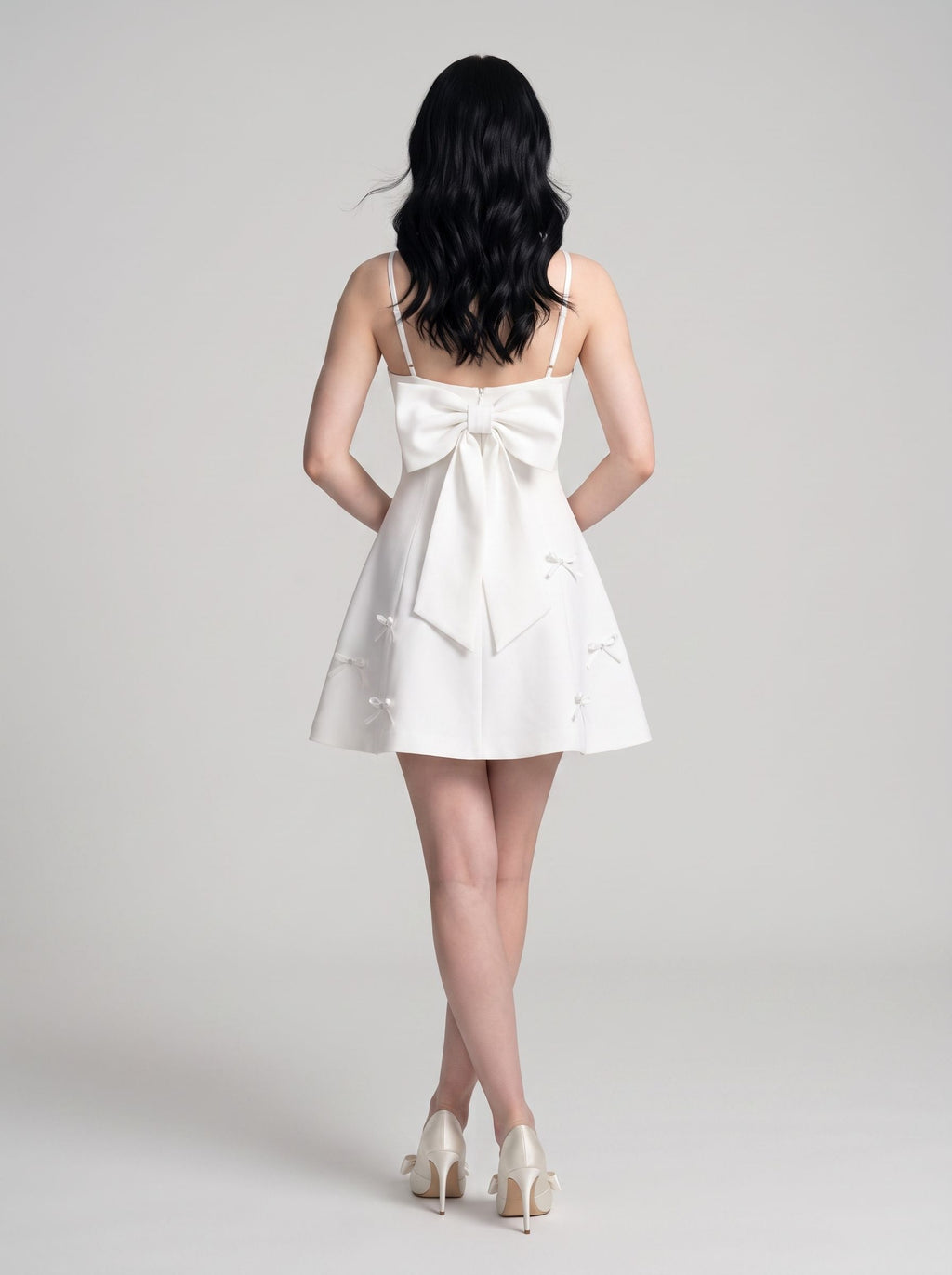 White Satin A-Line Straight Neck Bow Mini Dress with Delicate Bow Accents