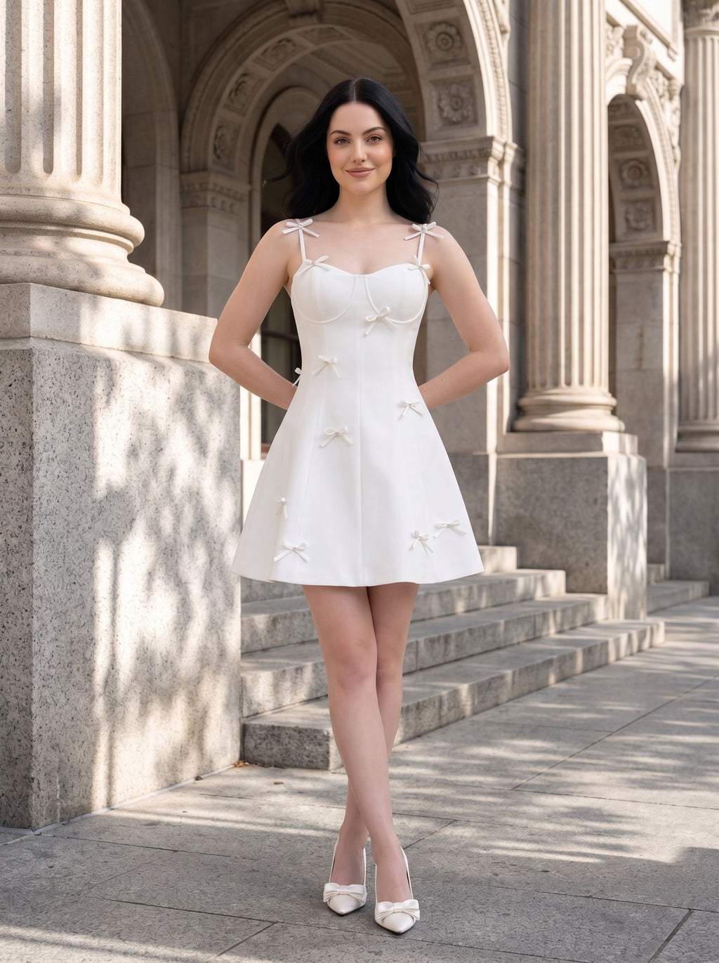 White Satin A-Line Straight Neck Bow Mini Dress with Delicate Bow Accents
