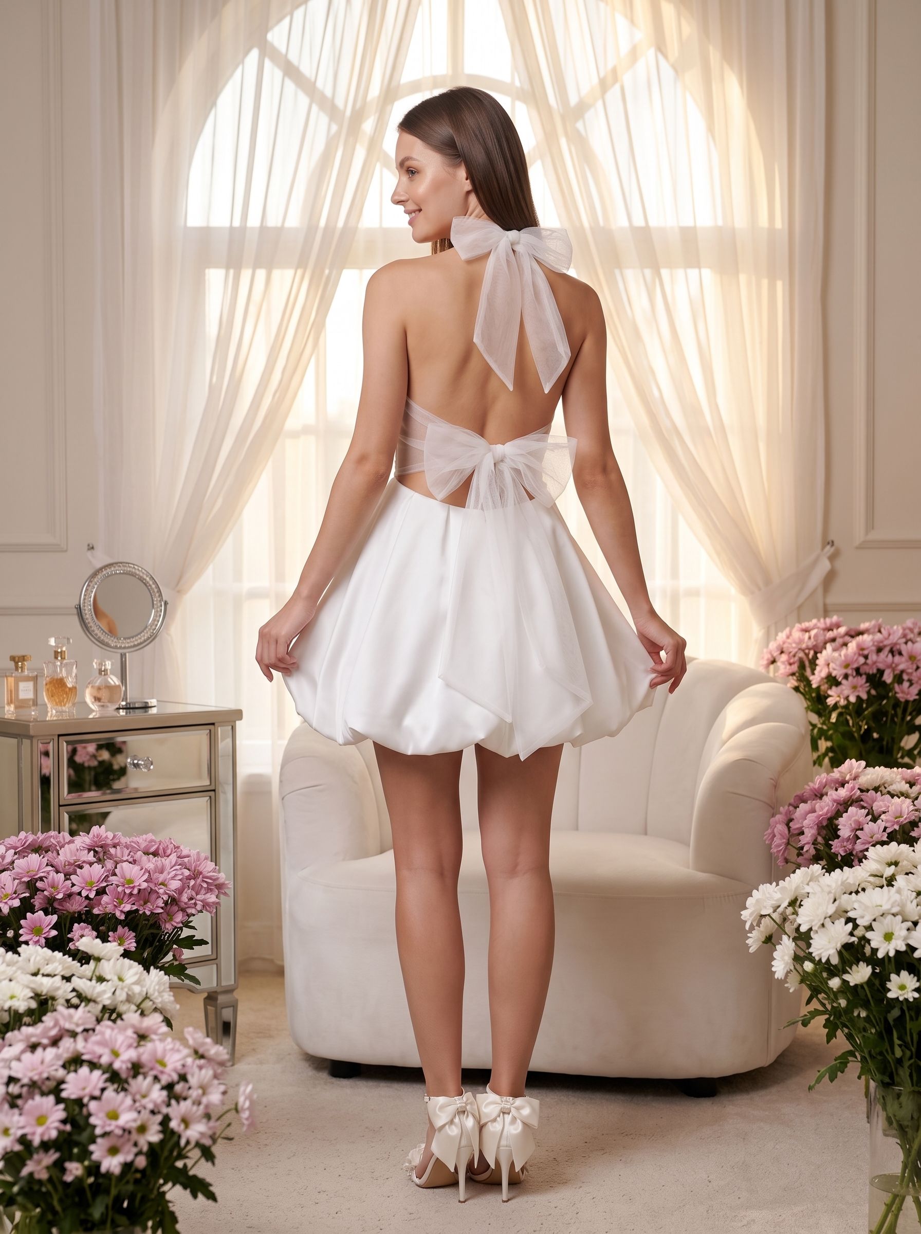 White Satin A-Line Halter neckline Backless Short Dress with Built-in Bra and Structured Drape