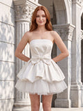 White Satin & Tulle A-Line Straight Neck Backless Mini Dress with Statement Bow