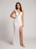 White Sequins Sheath V-Neck Backless Floor-Length Dress with 3D Floral Straps & High Slit