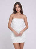 White Stretch Knit Sheath Straight Neck Side Zip Short Dress with Cascading Ruffles