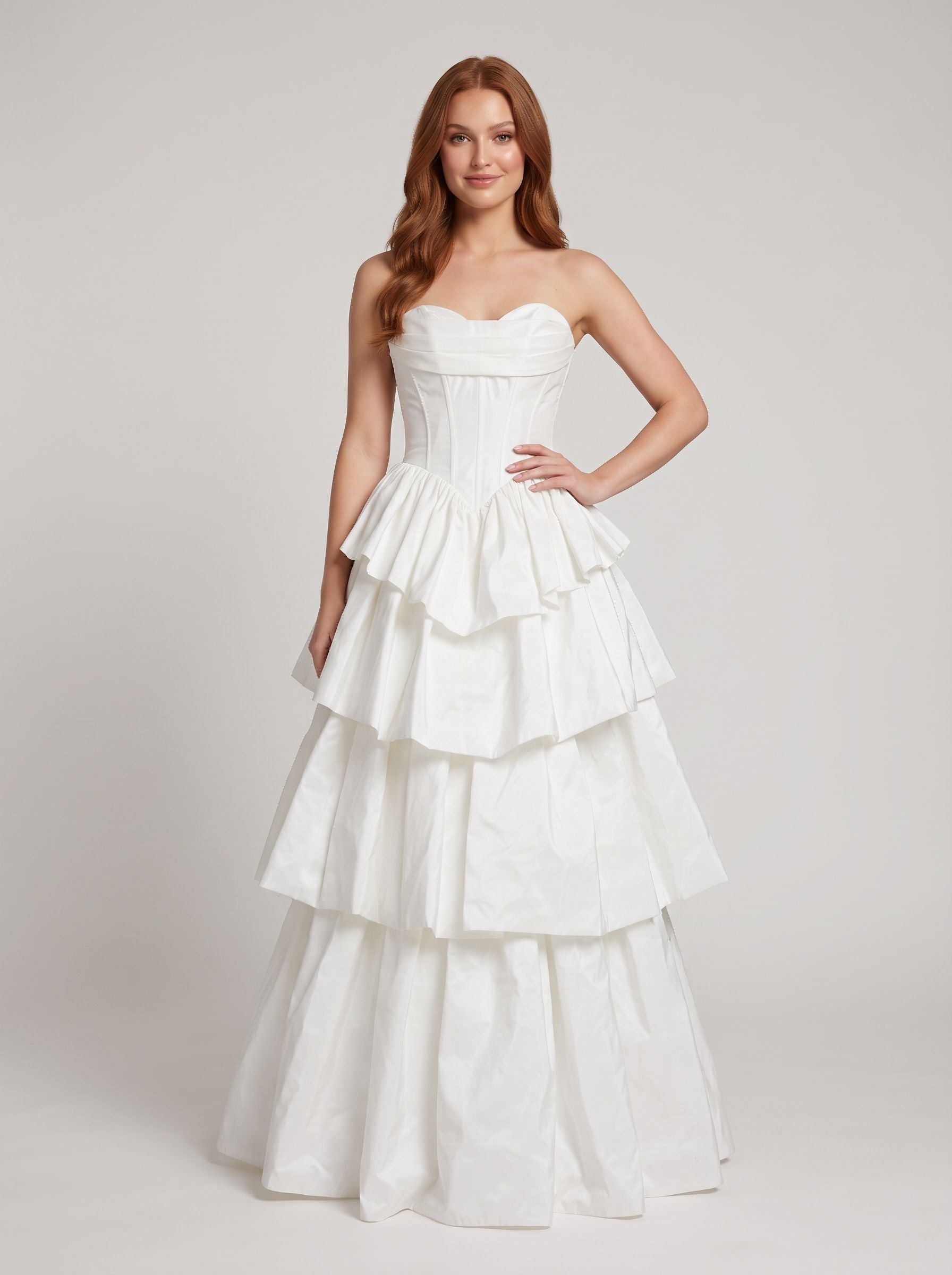 White Matte Satin A-Line Sweetheart Corset Back Floor-Length Dress with Dramatic Tiered Skirt
