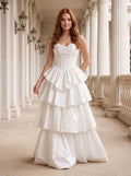 White Matte Satin A-Line Sweetheart Corset Back Floor-Length Dress with Dramatic Tiered Skirt