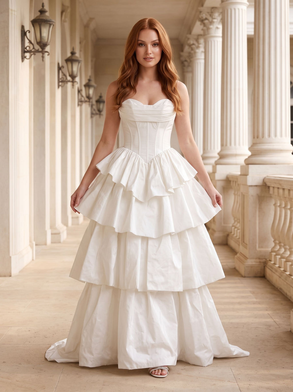 White Matte Satin A-Line Sweetheart Corset Back Floor-Length Dress with Dramatic Tiered Skirt