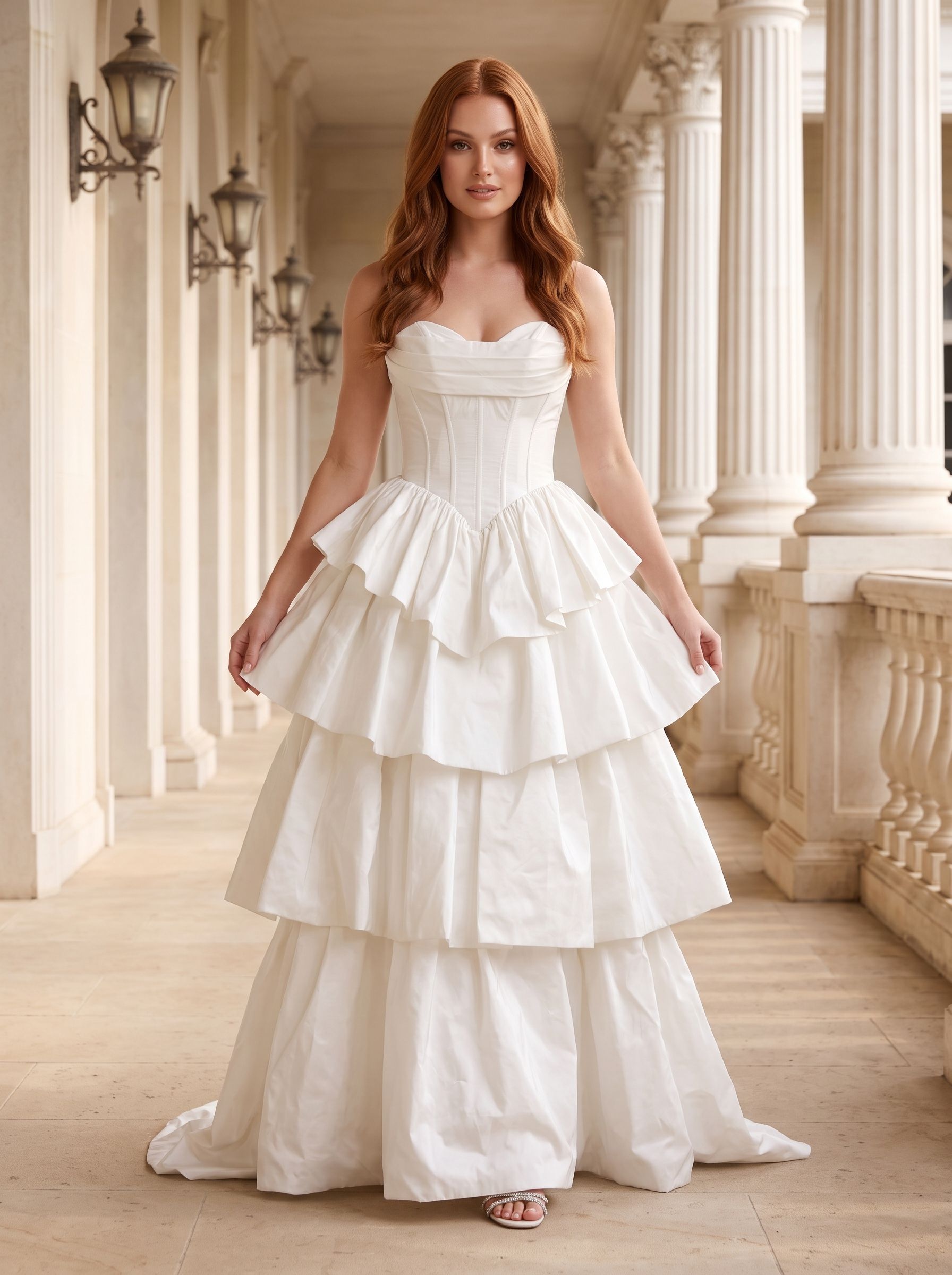 White Matte Satin A-Line Sweetheart Corset Back Floor-Length Dress with Dramatic Tiered Skirt