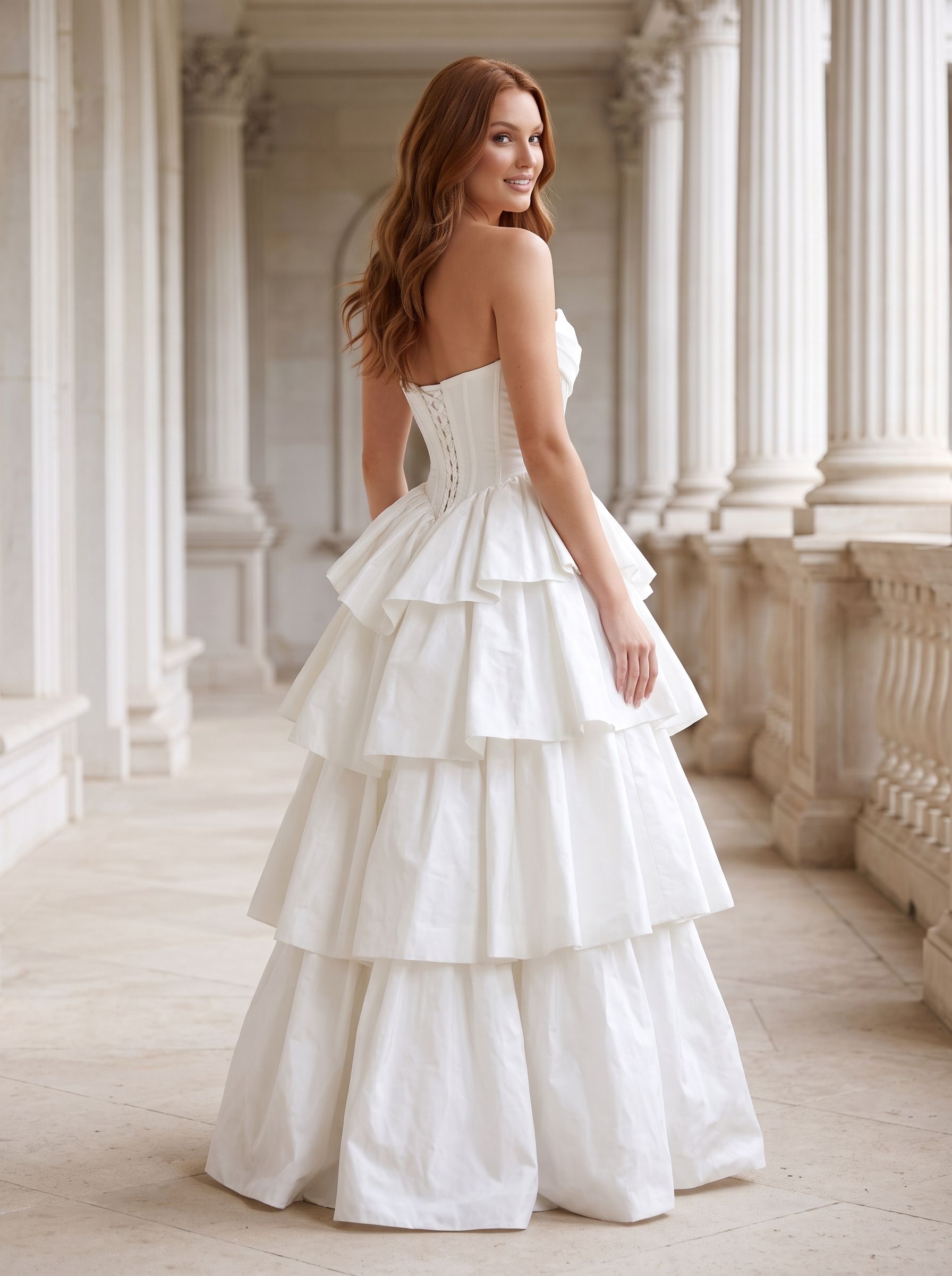 White Matte Satin A-Line Sweetheart Corset Back Floor-Length Dress with Dramatic Tiered Skirt