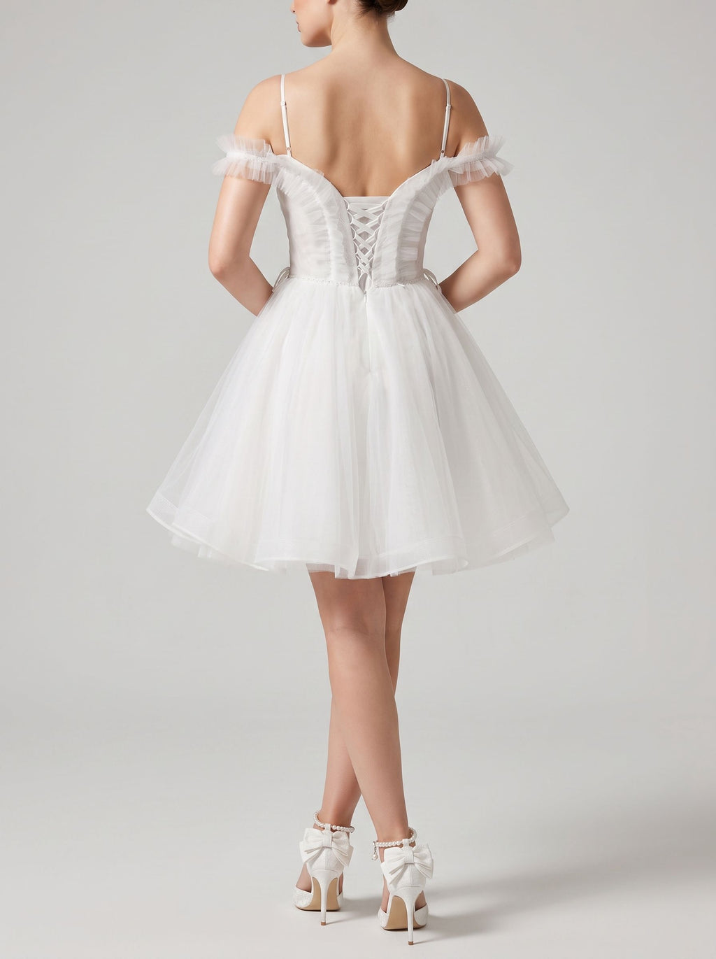 White Tulle A-Line Off-the-Shoulder Lace-up Short Dress with Spaghetti Straps