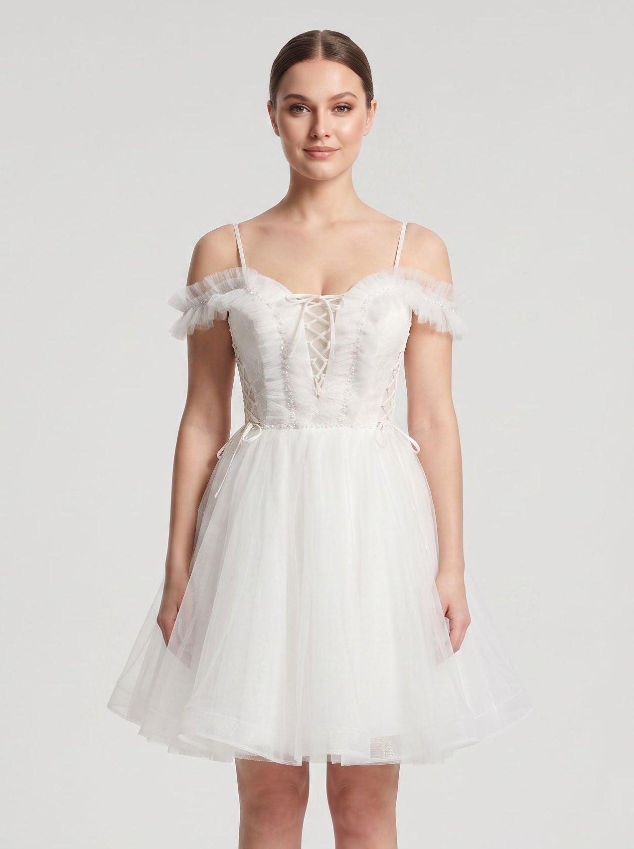 White Tulle A-Line Off-the-Shoulder Lace-up Short Dress with Spaghetti Straps