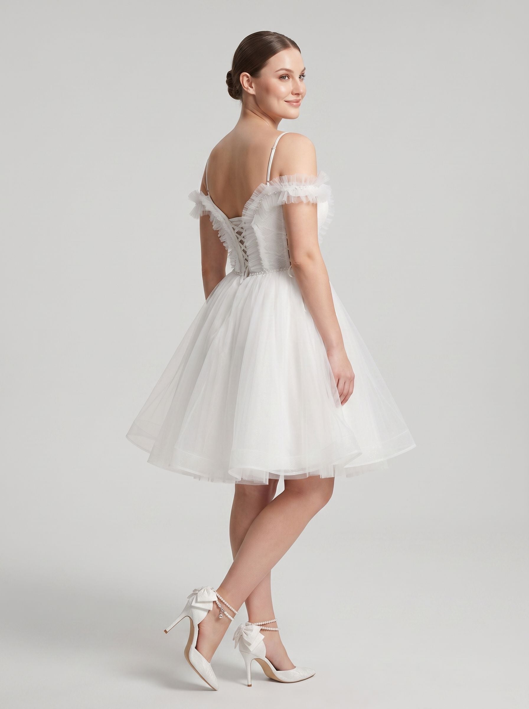 White Tulle A-Line Off-the-Shoulder Lace-up Short Dress with Spaghetti Straps