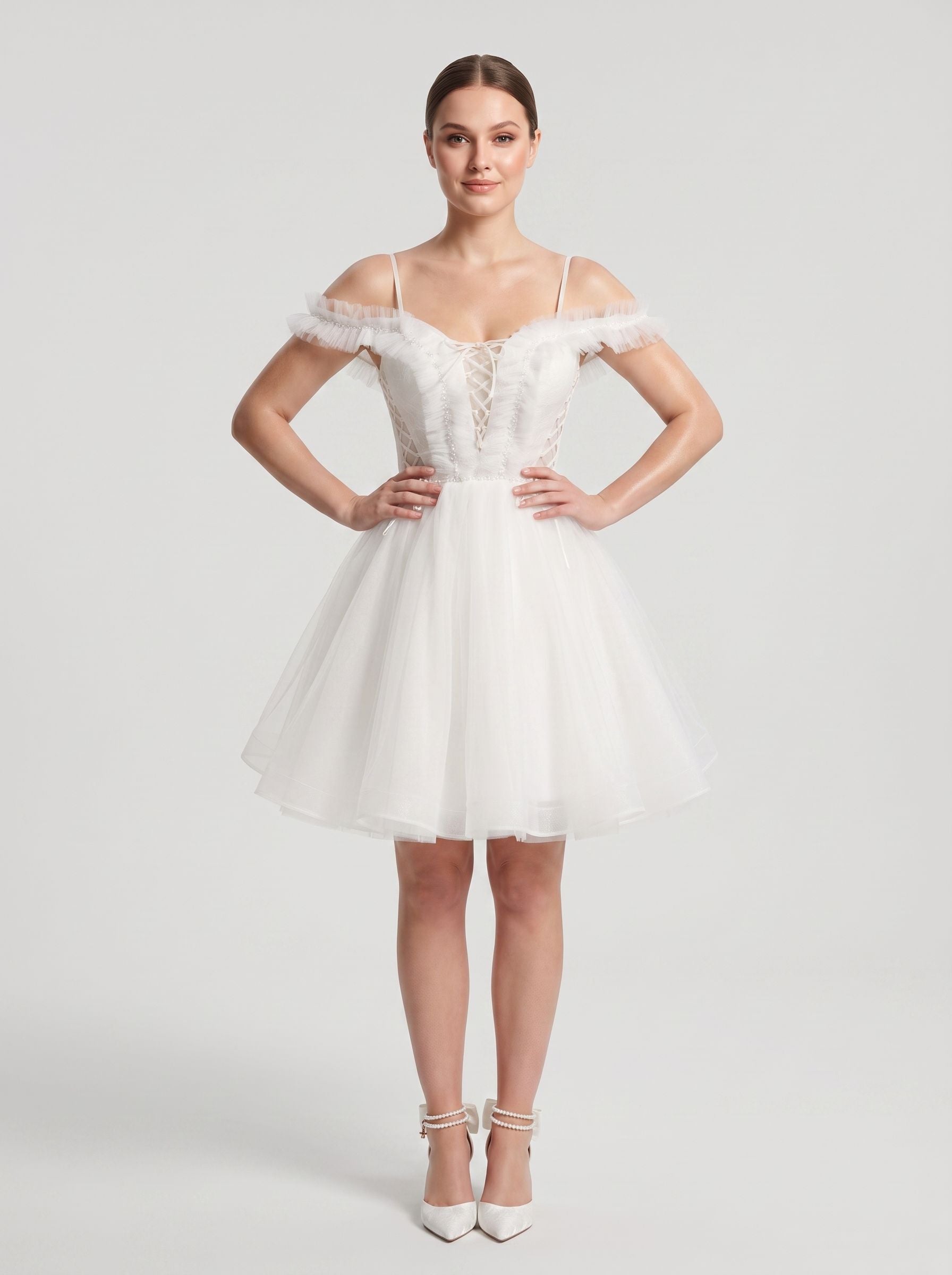 White Tulle A-Line Off-the-Shoulder Lace-up Short Dress with Spaghetti Straps
